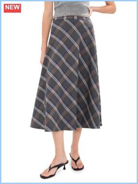 Midweight Stretch Plaid Circle Midi Skirt High Rise Wear to Work